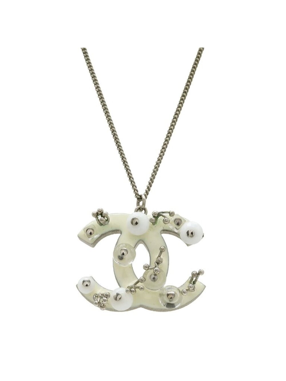 Chanel Jumbo CC Logo Chain Pendant Metal Enamel Beads Silver Ivory